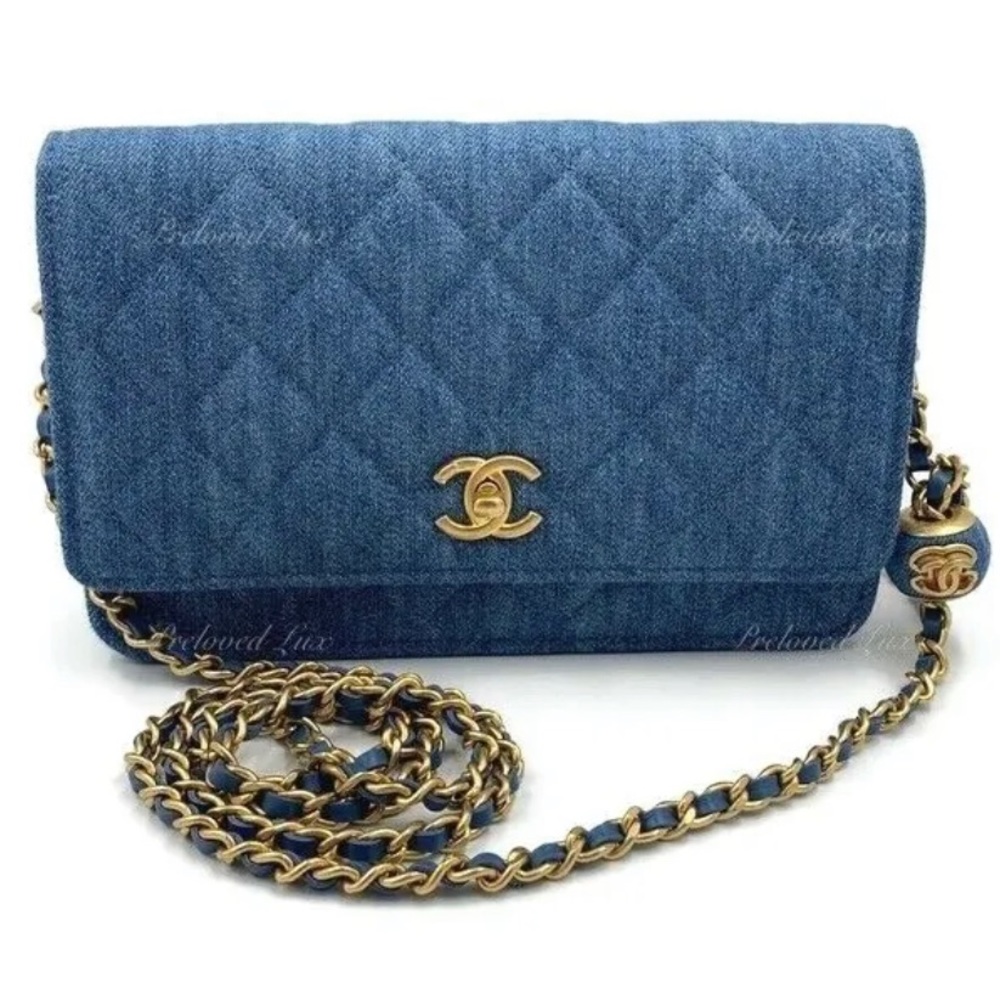 Authentic CHANEL Denim Wallet-on-the-chain WOC Pearl Crush Crossbody Flap Bag